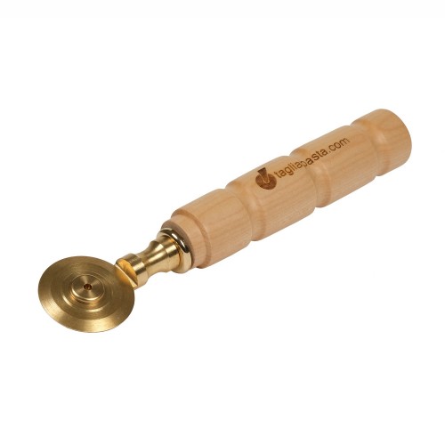 Brass pasta cutter with single smooth blade 34 mm diameter. Maple wood handle
